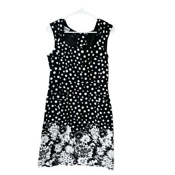 Spense Womens Black White Sheath Dress 8 Sleeveless Polka Dot Floral Cotton - Picture 1 of 10